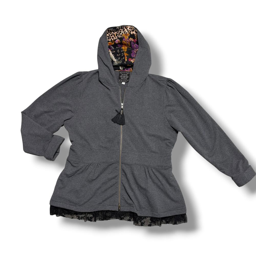 Johnny Was Jade Hoodie Jacket Gray Floral Silk Hood Lace Trim Sz XL
